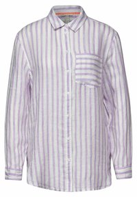 Camicia a maniche lunghe con bottoni in cotone a righe bianche e lavanda; presenta una tasca sul petto e un colletto tradizionale con patta a bottoni.