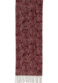 Sciarpa bordeaux con un motivo a rose vorticoso, realizzata in tessuto morbido. Completata con frange alle estremità, che ne esaltano l'aspetto decorativo.