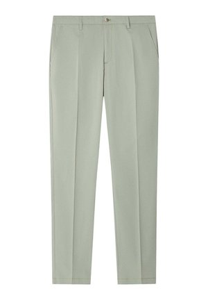 Hellgraue, schmal geschnittene Anzughose mit Gürtelschlaufen, vorderem Knopfverschluss, Seitentaschen und Bügelfalten entlang der Beine.