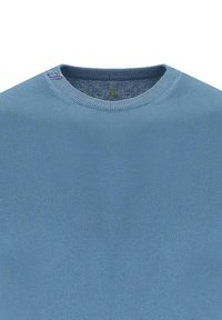 Maglione azzurro chiaro con colletto a girocollo a coste, texture morbida e dettagli sottili alla scollatura. Presenta un design semplice senza motivi.