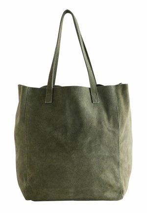Sac fourre-tout en corduroy vert avec deux poignées plates, doté d'un motif côtelé texturé à l'avant et d'un tissu lisse sur les côtés.