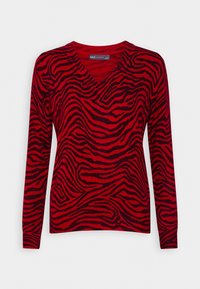 Pull rouge à col en V avec motif zébré noir. Manches longues avec poignets côtelés et texture lisse sur toute la surface.