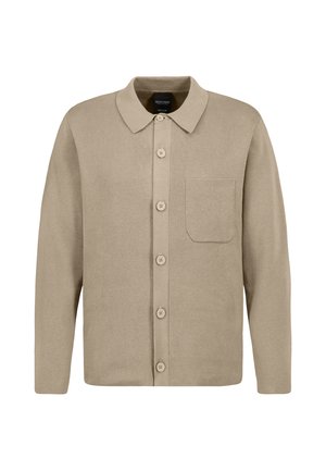 Beige langärmliges Hemd mit Knöpfen, Kragen und einer einzelnen Brusttasche, aus strukturiertem Strickstoff, dargestellt auf weißem Hintergrund.