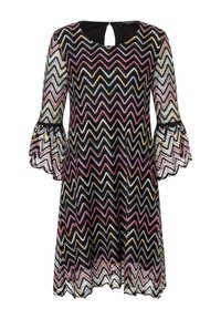 Robe noire à motif zigzag avec des accents multicolores. Dotée de longues manches évasées et d'un décolleté en forme de trou de serrure. Tissu léger et texturé.