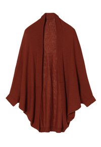 Cardigan open-front di colore ruggine realizzato in tessuto leggero, con maniche a tre quarti, forma rilassata e senza chiusure.