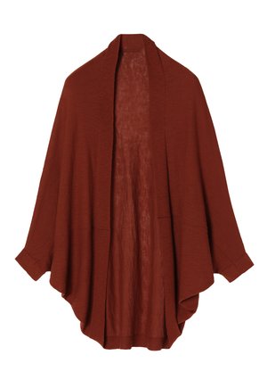 Rust-colored open-front cardigan made of lightweight fabric, featuring three-quarter sleeves, a relaxed shape, and no fastenings.