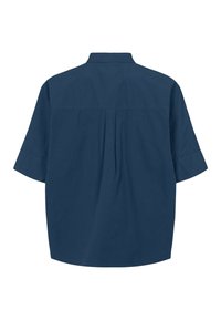 Mörkblå kortärmad skjorta med krage, veckdetalj bak och en avslappnad passform med en slät textur.