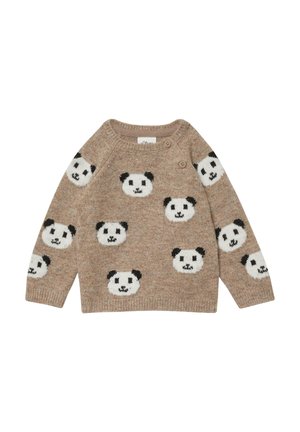 Pull beige pour enfants avec plusieurs visages de panda blancs et noirs, col rond, manches longues et deux boutons près du col.