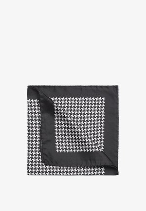 Fazzoletto da taschino in seta bianco e nero con un motivo geometrico, caratterizzato da un bordo testurizzato e una finitura satinata liscia.