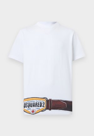 White short-sleeve t-shirt featuring a printed brown belt with a gold buckle and "DSQUARED2" text near the bottom hem.