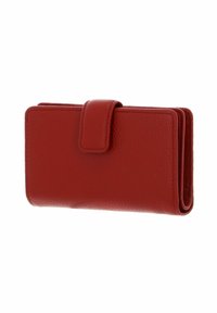 Portafoglio in pelle rossa con superficie texturizzata, forma rettangolare, chiusura a pattina frontale e dettagli cuciti sui bordi. Design compatto e funzionale.