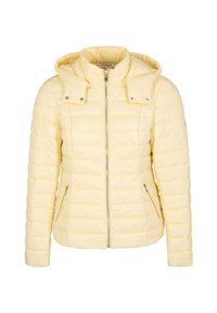 Yellow padded jacket with a zip front, double snaps at the collar, and side pockets. Features a hood and quilted texture.