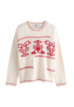 Maglione lavorato a maglia color crema caratterizzato da motivi di aragoste rosse, scollatura rotonda a coste e cuciture a contrasto rosse lungo i polsini e l'orlo.