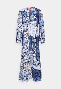 Lange jurk met een gemengd patroon van blauw-witte bloemmotieven, zwarte accenten en lange pofmouwen. Gladde stof met een uitlopende onderkant.