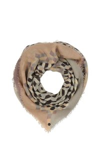 Triangle-patterned scarf in soft fabric, featuring geometric designs in beige, browns, and cream, with frayed edges and a small black dot accent.