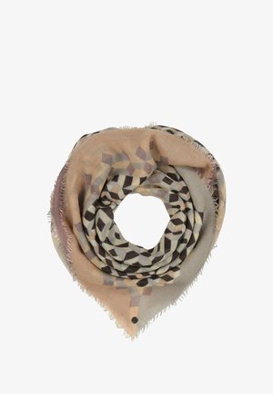 Écharpe à motifs triangulaires en tissu doux, présentant des designs géométriques en beige, marron et crème, avec des bords effilochés et une petite touche de point noir.