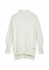 Witte gebreide trui met een hoge ribbelkraag, losse pasvorm en binddetails aan de mouwen. Heeft een ribbelzoom en een minimalistisch logoaccent.