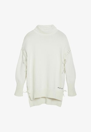 Suéter de punto blanco con un alto cuello acanalado, corte holgado y detalles de lazo en las mangas. Presenta un dobladillo acanalado y un acento de logotipo mínimo.