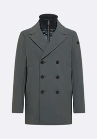 Cappotto grigio doppiopetto realizzato in tessuto liscio, dotato di un colletto alto, due tasche frontali e bottoni scuri. Design semplice senza motivi.