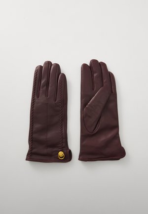 Burgundy leather gloves with a smooth texture, feature decorative stitching along the side and a gold accent on the cuff.