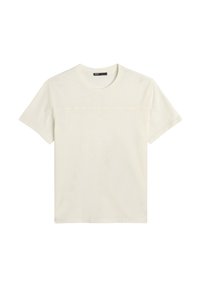 T-shirt a maniche corte, colletto tondo in un bianco sporco, realizzato in tessuto morbido con una superficie liscia e una cucitura orizzontale sul petto.