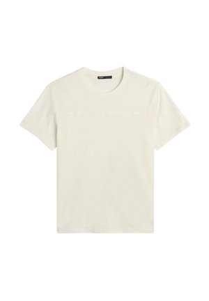 Kurzärmliges T-Shirt mit Rundhalsausschnitt in Off-White, aus weichem Stoff mit glatter Textur und einer horizontalen Naht über der Brust.
