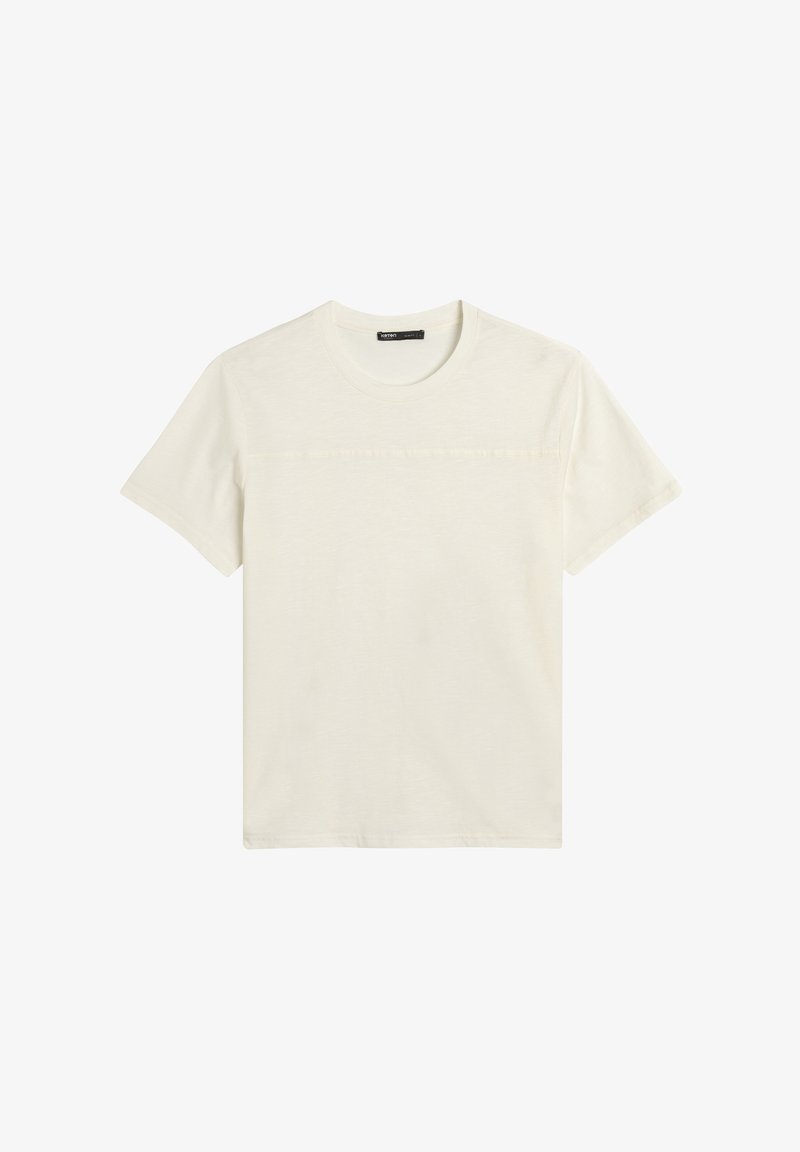 T-shirt a maniche corte, colletto tondo in un bianco sporco, realizzato in tessuto morbido con una superficie liscia e una cucitura orizzontale sul petto.