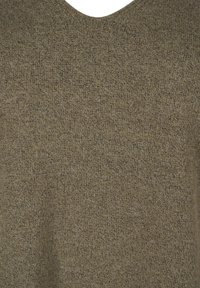 V-Ausschnitt-Pullover in einem gedämpften Olivton, gestrickte Textur, mit einem weichen, leicht melierten Erscheinungsbild und einer lässigen Passform.