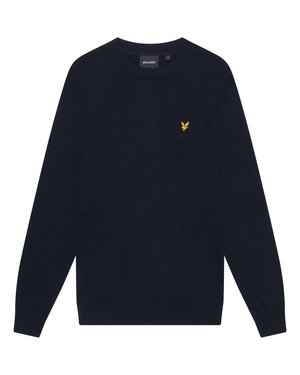 Marineblauer Langarm-Pullover mit Rundhalsausschnitt und kleinem gelben gestickten Adler-Logo auf der linken Brust.