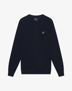 Pull à col rond à manches longues de couleur bleu marine avec un petit logo d'aigle brodé en jaune sur la poitrine gauche.