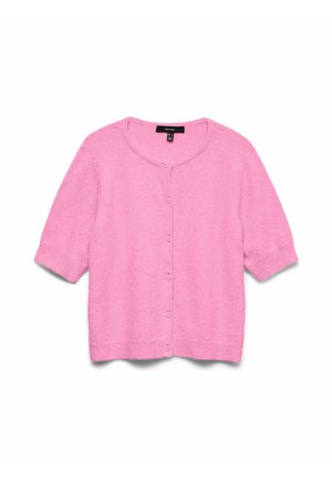 Růžový krátký pletený kardigan s kulatým výstřihem a předními knoflíky, položený na bílem pozadí.