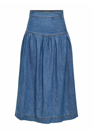 Jupe midi en denim bleu avec une large ceinture et un tissu froncé en dessous, présentant des coutures visibles le long des coutures et de l'ourlet.