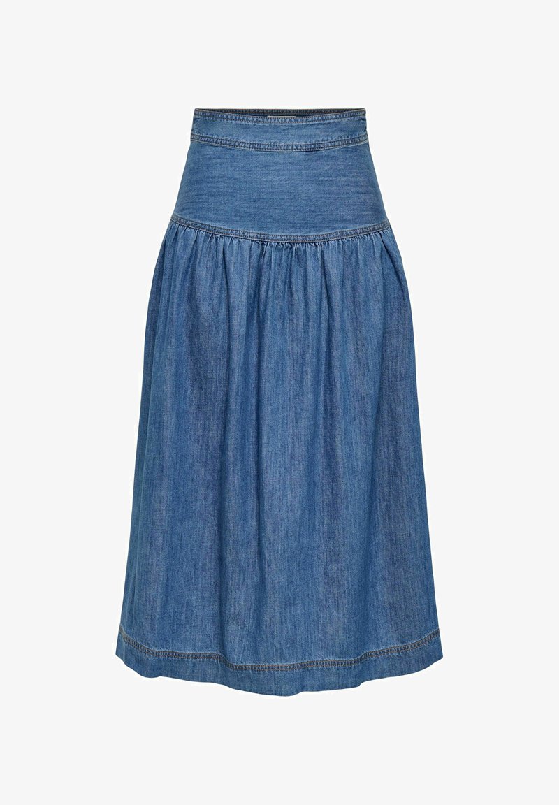 Modrá denimová midi sukňa so širokým pásom a nariaseným materiálom pod ním, s výrazným prešitím pozdĺž švov a lemu.