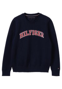 Maglione lavorato a maglia blu navy con scollo rotondo, caratterizzato dal testo "HILFIGER" in bianco e rosso che si arcuano sul petto. Polsini e orlo a coste.