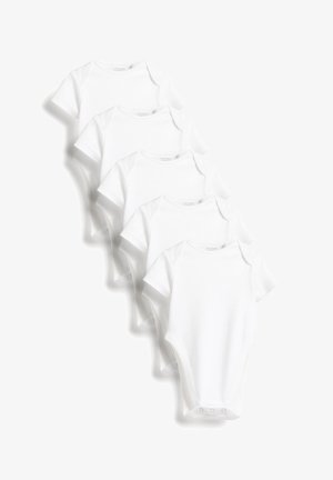 Confezione da cinque body a maniche corte bianchi realizzati in morbido cotone, con chiusure a scatto sul fondo e design con scollatura a busta.
