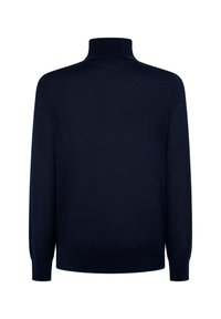 Merensininen pooloneule pehmeästä neuloksesta, jossa pitkät hihat ja vartalonmyötäinen siluetti, resorit kaula-aukossa ja hihansuuissa.