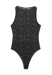 Schwarzer Spitzenbodysuit mit hohem Kragen, ärmellosem Design und Druckknopfverschluss am Boden. Zartes Blumenmuster über das gesamte Teil.