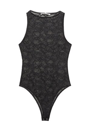 Schwarzer Spitzenbodysuit mit hohem Kragen, ärmellosem Design und Druckknopfverschluss am Boden. Zartes Blumenmuster über das gesamte Teil.