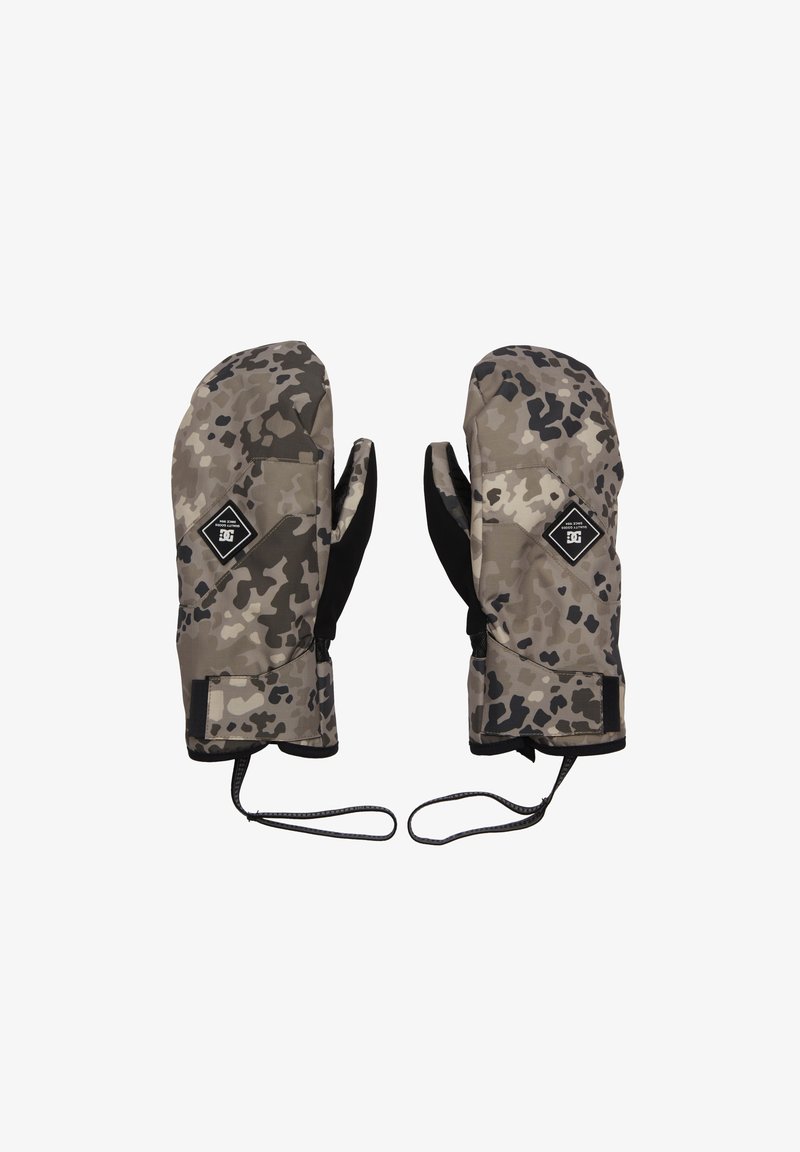 Camouflage mittens in shades of gray with black accents, featuring a diamond-shaped logo and adjustable wrist straps for a secure fit.