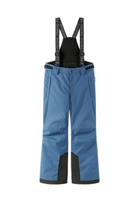 Blaue wasserfeste Skihosen mit schwarzen Unterakzenten, verstellbaren Trägern und Seitentaschen. Hergestellt aus strapazierfähigem, isoliertem Material.