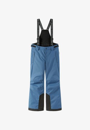 Pantaloni da sci impermeabili blu con accenti neri sul fondo, spallacci regolabili e tasche laterali. Realizzati in materiale resistente e isolante.