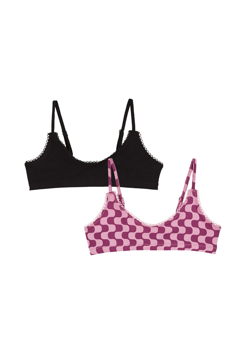 Melni un rozā krūšturi ar regulējamiem siksniņām, melnais ir ar viļņveida malu, savukārt rozā ir ar viļņu rakstu un purpura toņiem.