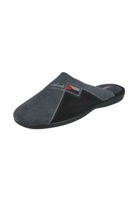 Zapato tipo slip-on en tejido gris con un upper texturizado y acentos en ante negro. Presenta una suela plana y sutiles detalles rojos cerca de la correa.