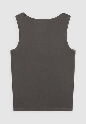 Grijze mouwloze tanktop met een gladde, geribbelde textuur, een ronde halslijn en nette randen, zonder zichtbare logo's of patronen.