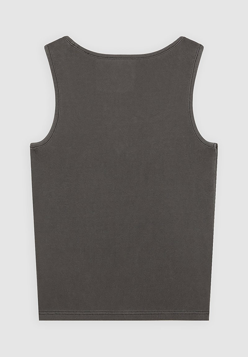 Graues ärmelloses Tanktop mit glatter, gerippter Textur, abgerundetem Ausschnitt und sauberen Kanten, ohne sichtbare Logos oder Muster.