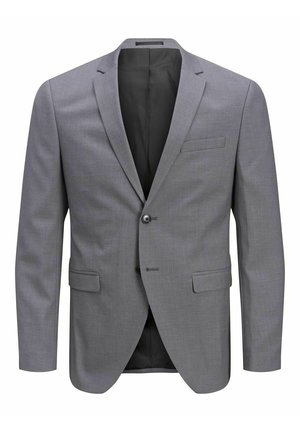 Blazer gris avec une fermeture à un seul bouton, des revers crantés, deux poches avant et une texture lisse avec une doublure intérieure noire.
