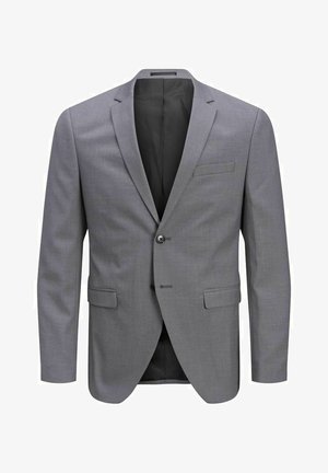 Gray blazer featuring a single button closure, notched lapels, two front pockets, and a smooth texture with a black interior lining.