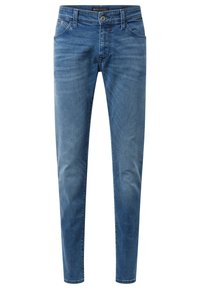Slimfit blå denimjeans med subtil blekning, framknapp och dragkedjestängning, fram- och bakfickor samt bältesömmar.