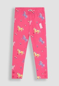 Roze leggings met een patroon van eenhoorns, bloemen en regenbogen. Gemaakt van een rekbaar materiaal met een elastische tailleband en knoopaccenten.