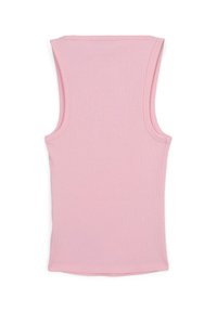 Top senza maniche rosa realizzato in tessuto a coste, con un design aderente e scollo rotondo. Texture liscia senza motivi o accenti visibili.